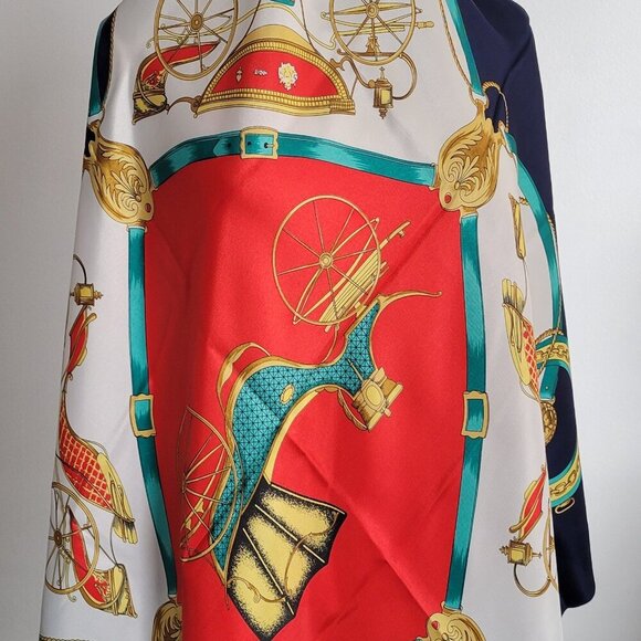 Vintage Equestrian Horse Carriage Blue Red & Gold 100% Silk Scarf - Picture 2 of 13